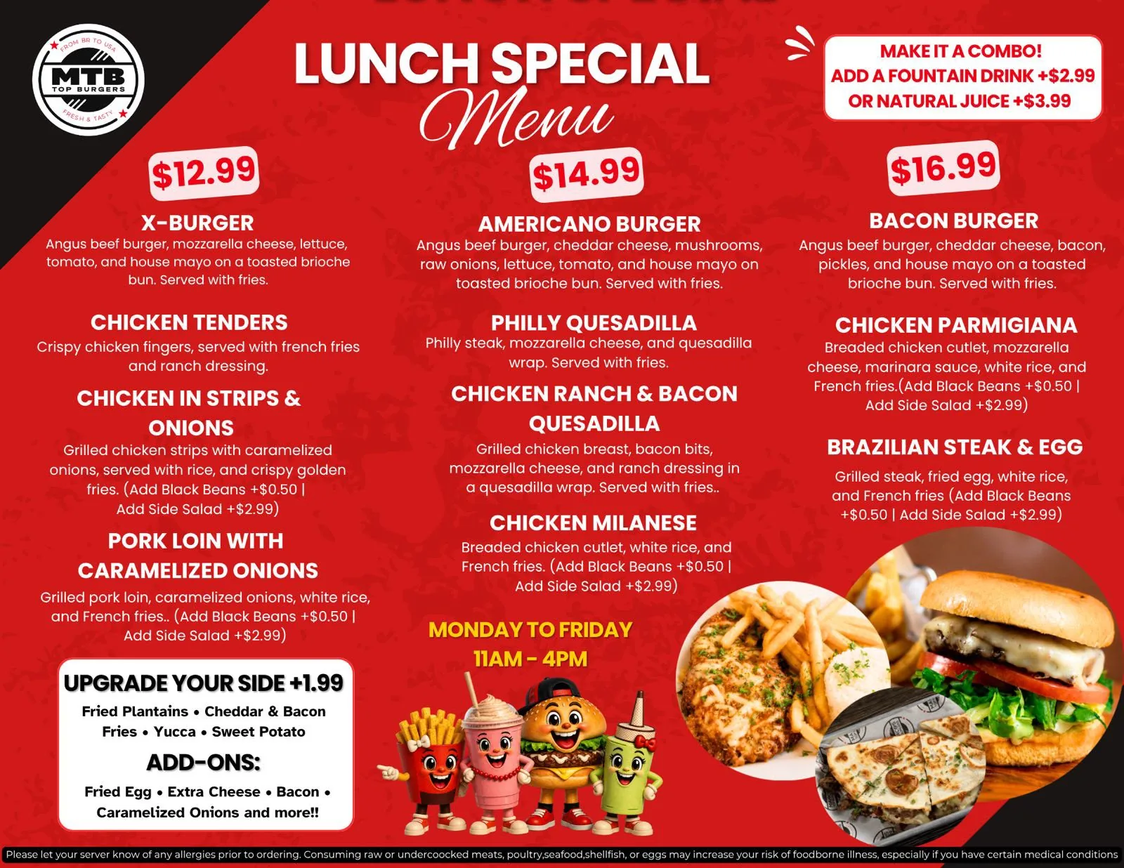 MTB Lunch Special Menu, Monday to Friday 11AM to 4PM
